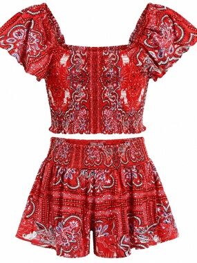 Girl’s Size 8/10 2-piece Red  Paisley Boho Top & Skirt vacation beach outfit